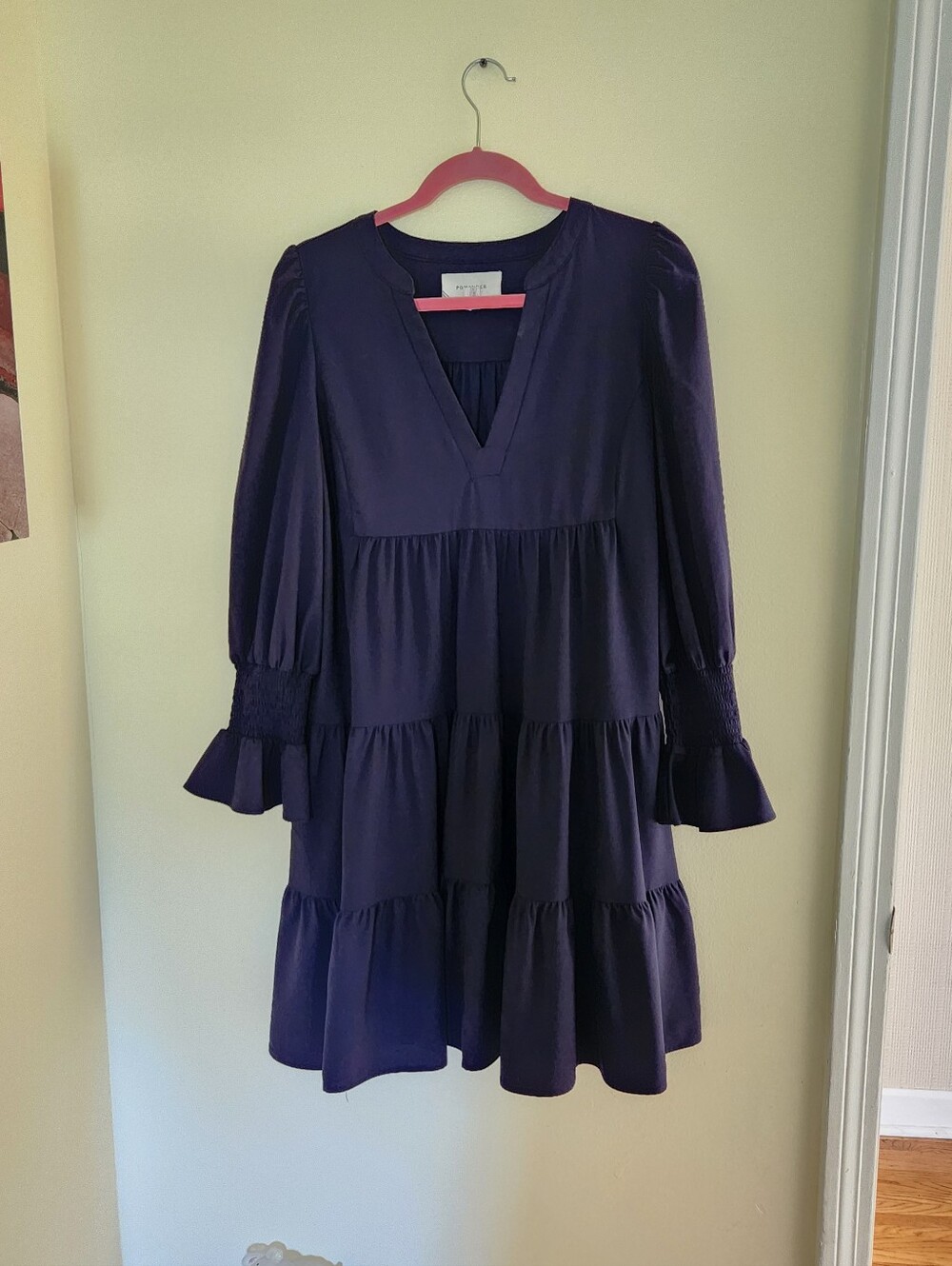 Pomander Tuckernuck Navy Split Neck Tiered Dress Smocked Ruched Long Sleeve Med